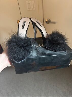 bebe Black Feather Slide with silver heel